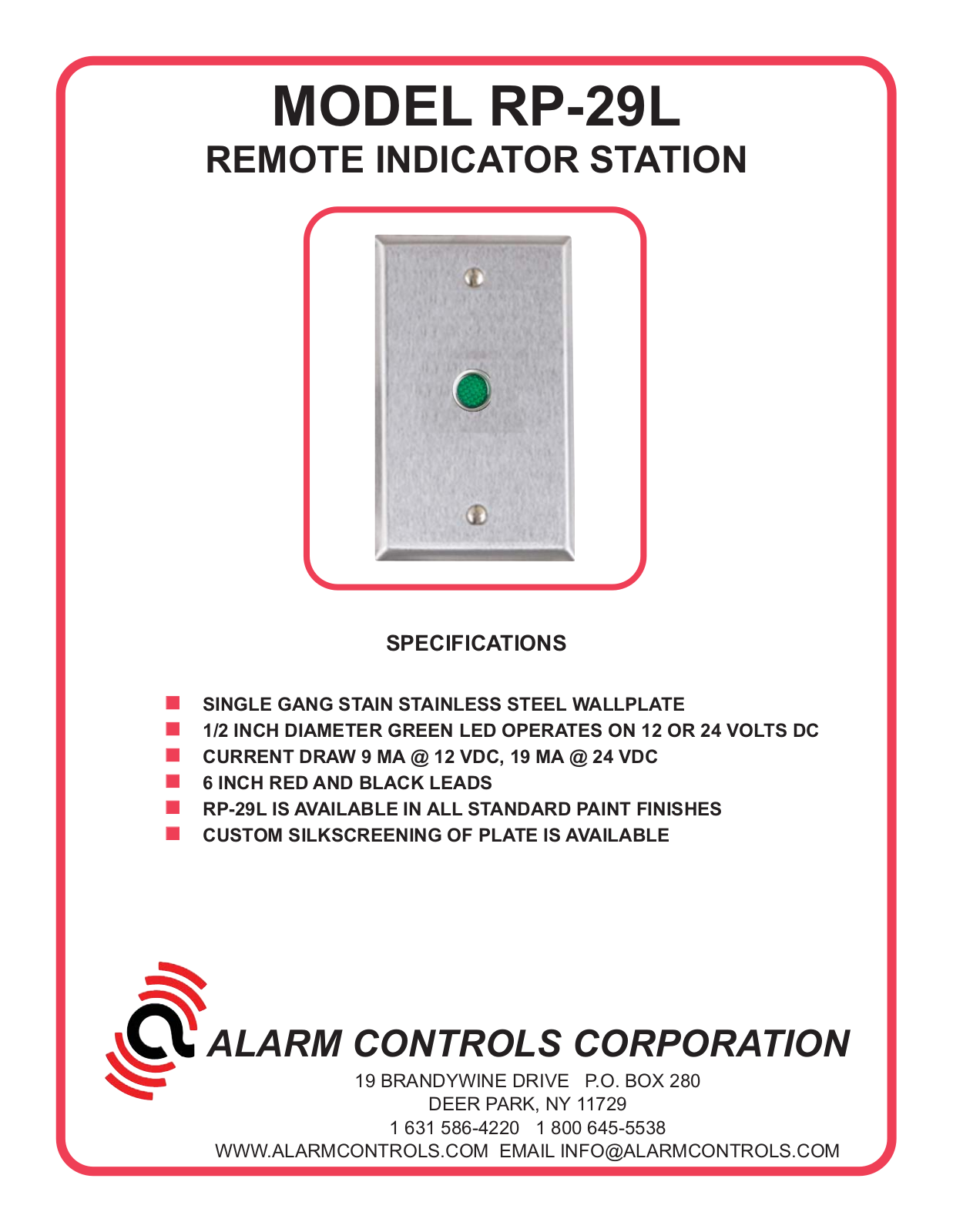 Alarm Controls RP-29L Specsheet