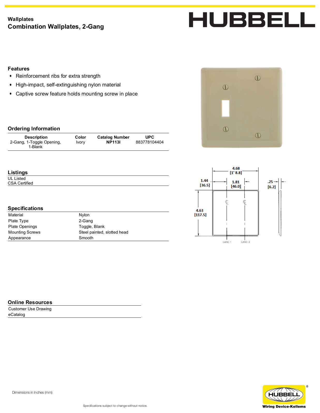 Hubbell NP113I Specifications