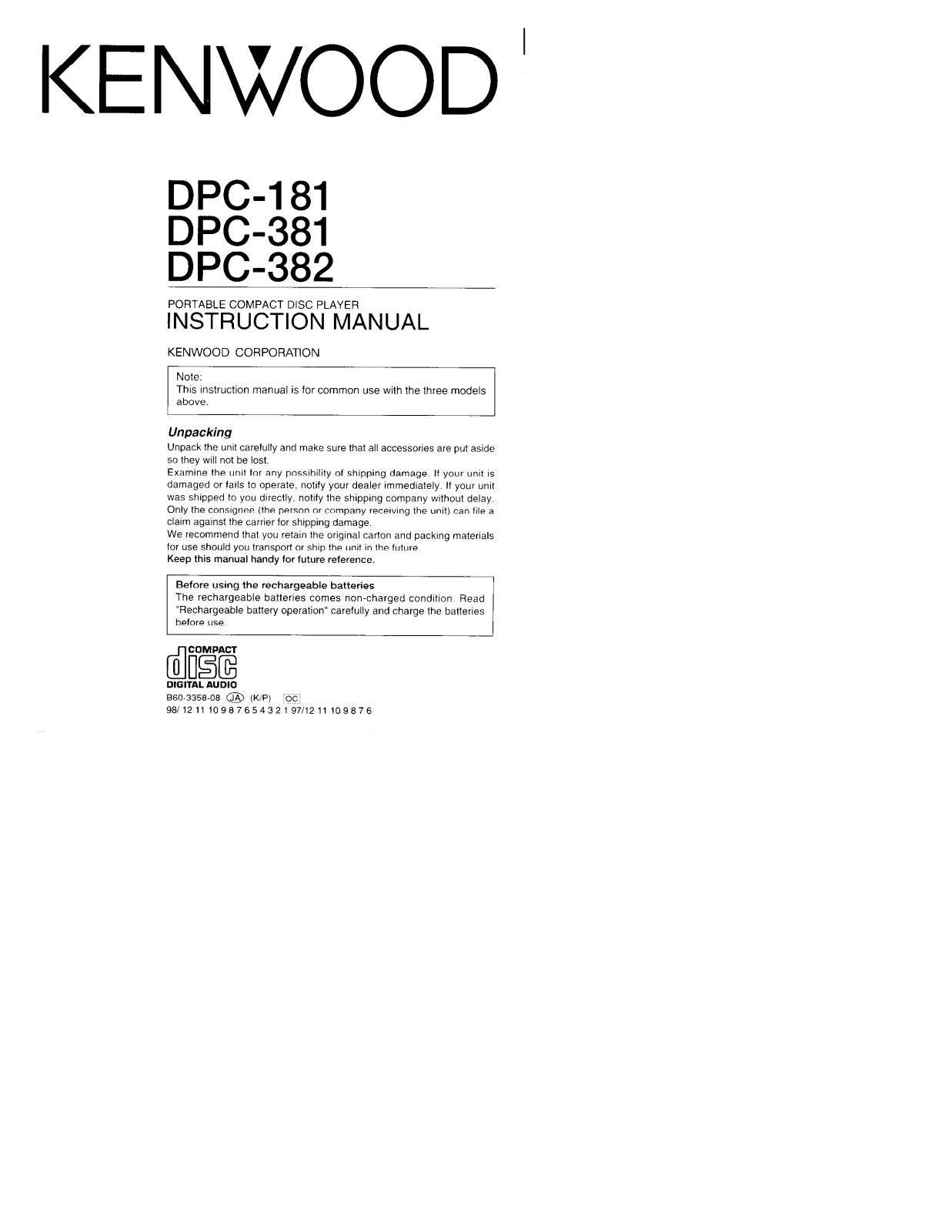 Kenwood DPC-381, DPC-382, DPC-181 Owner's Manual