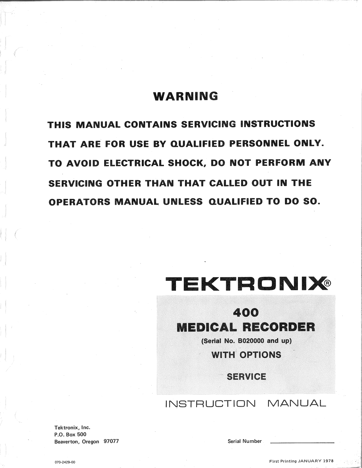 Tektronix 400 Series, 400 Standard, 400 OPTION 4, 400 OPTION 1, 400 OPTION 2 Instruction Manual