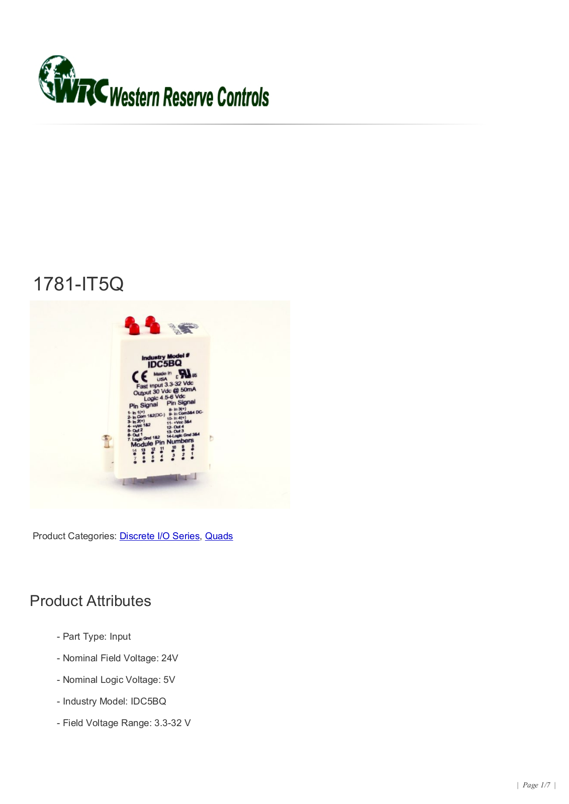 Western Reserve Controls 1781-IT5Q Data Sheet