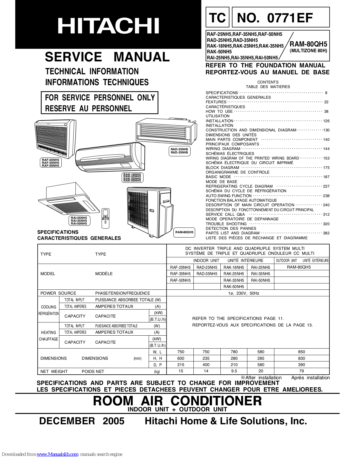 Hitachi RAF-35NH5, RAF-25NH5, RAK-18NH5, RAK-25NH5, RAK-35NH5 Service Manual