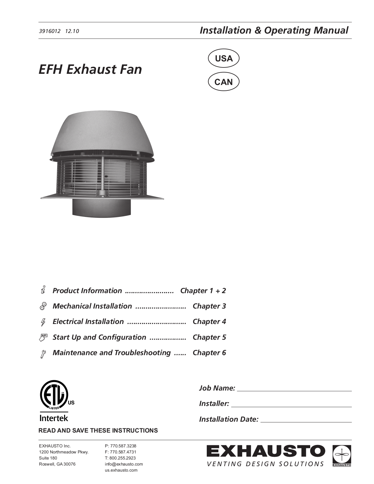 Exhausto EFH Installation & Operating Manual