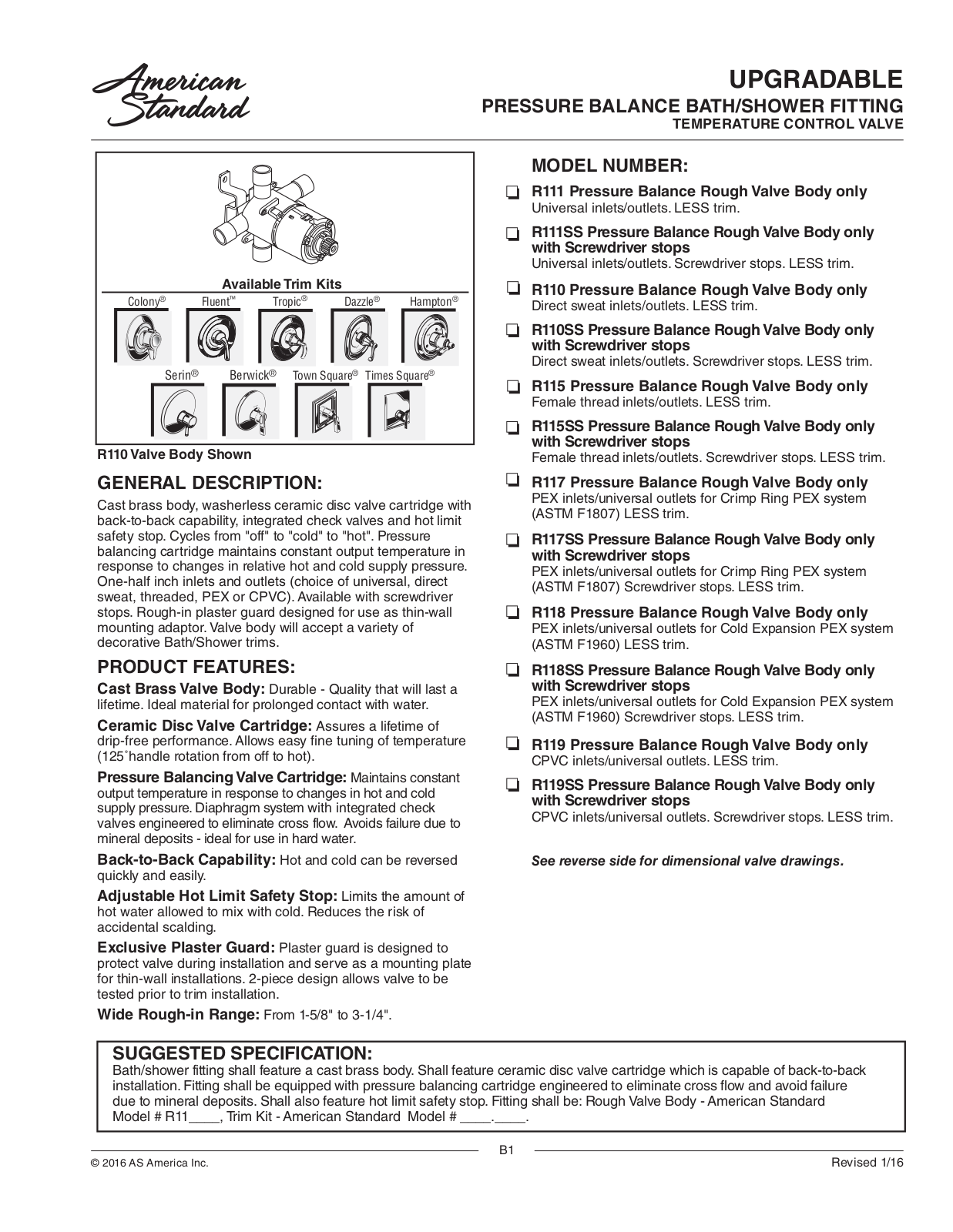 American Standard R111, R111SS, R110, R110SS, R115 User Manual