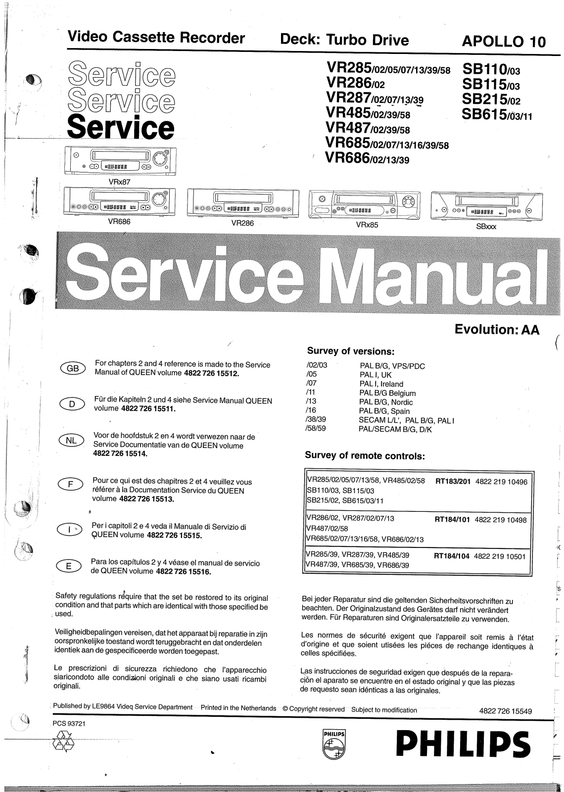 Philips VR285, VR485, VR487, VR685 Schematic