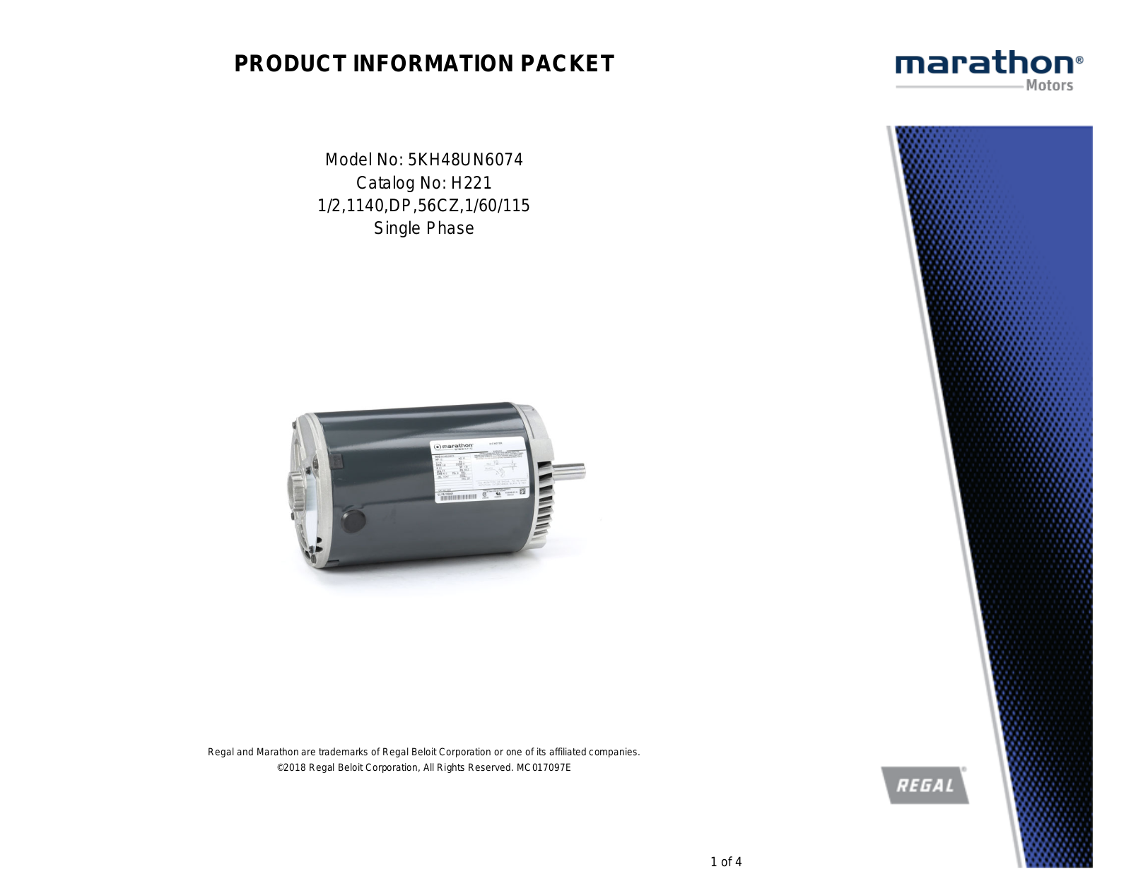 Marathon Electric 5KH48UN6074 Product Information Packet