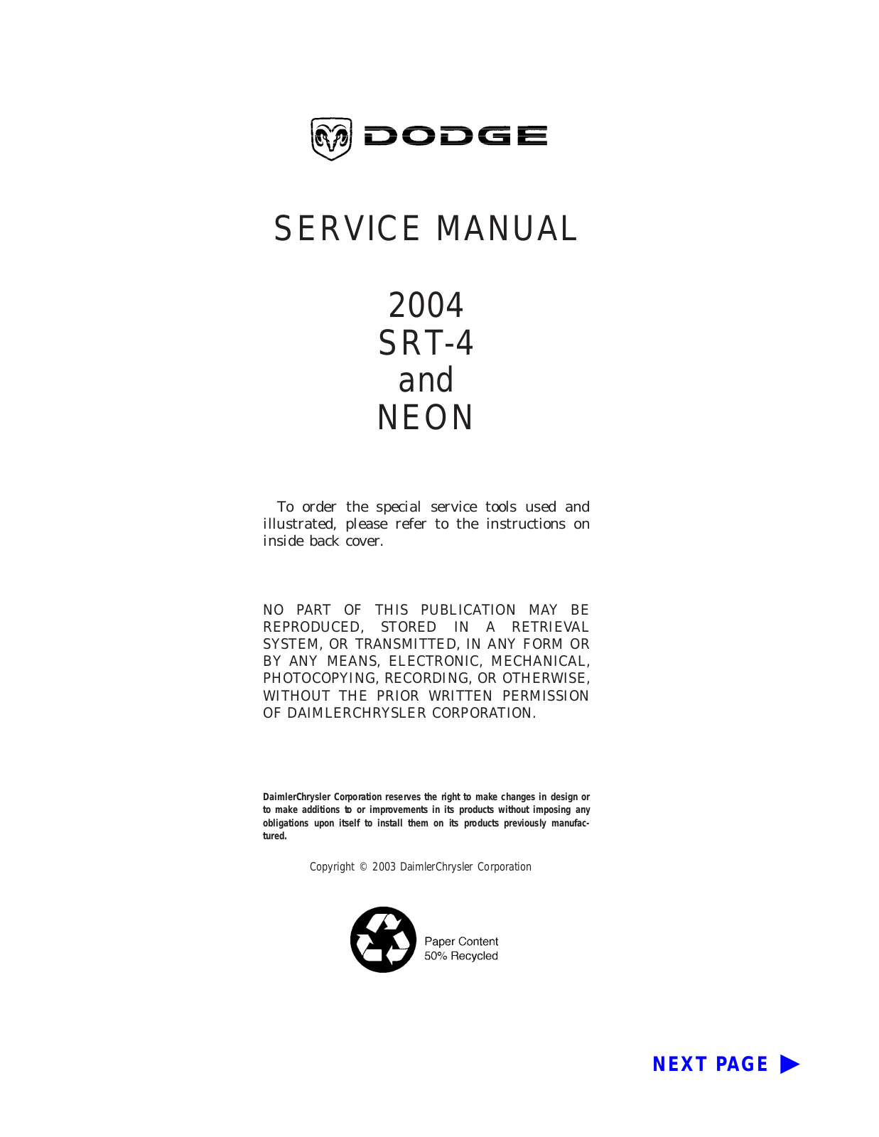 dodge 2004   NEON SX2 SRT4 Service Manual