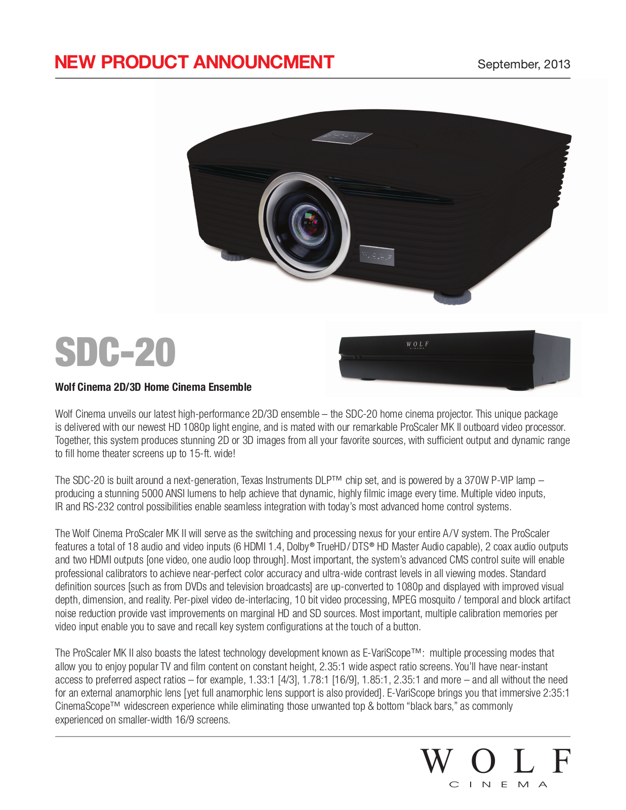 Wolf Cinema SDC-20 Product Sheet