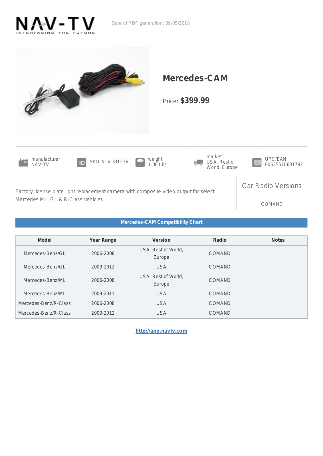 NAV-TV Mercedes-CAM Specifications