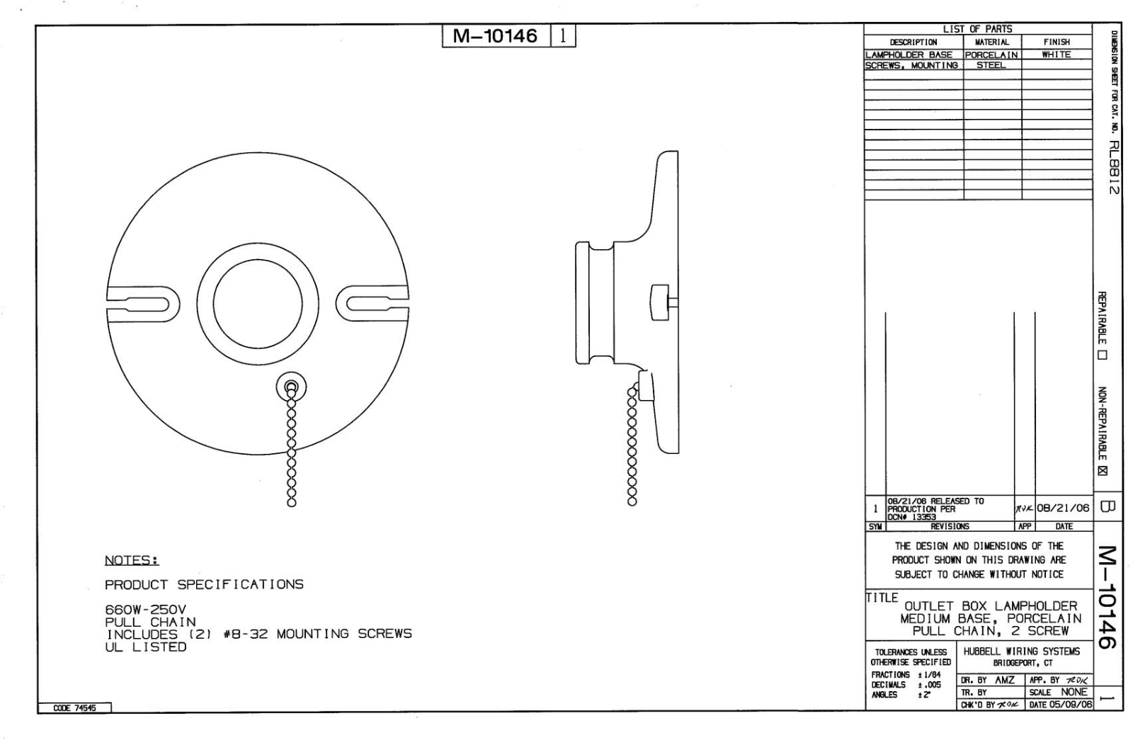 Hubbell RL8812 Reference Drawing