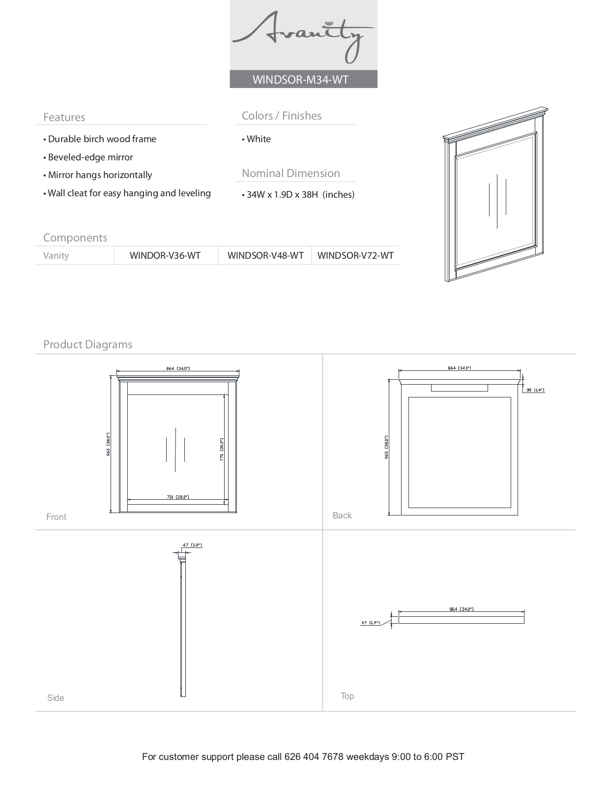 Avanity WINDSORM34WT Specifications