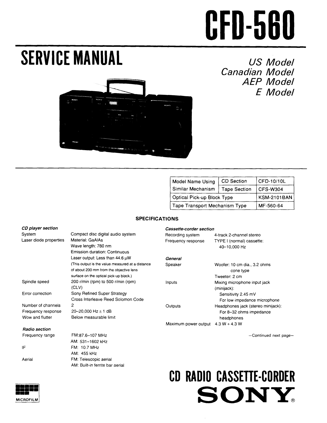 Sony CFD-560 Service manual