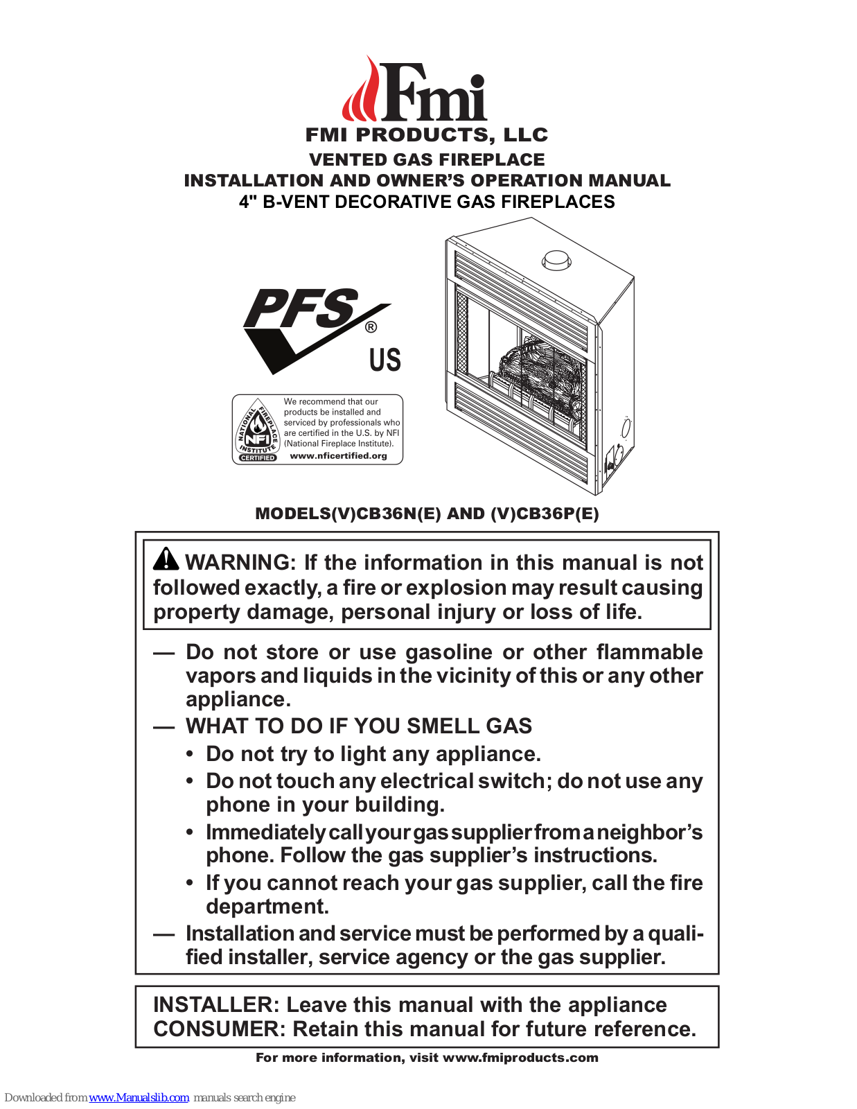 FMI (V)CB36N, (V)CB36NE, (V)CB36P, (V)CB36PE Installation And Owner's Manual