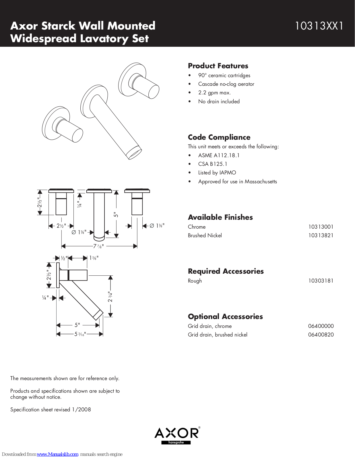 Axor 10313821, 10313001, 10313001,10313821 Specification Sheet - ManualMachine.com