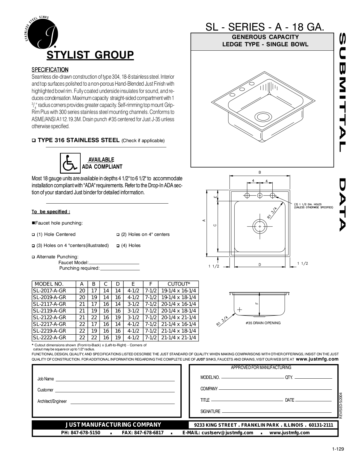 Just Manufacturing SL-2017-A-GR, SL-2119-A-GR, SL-2219-A-GR, SL-2217-A-GR, SL-2122-A-GR User Manual