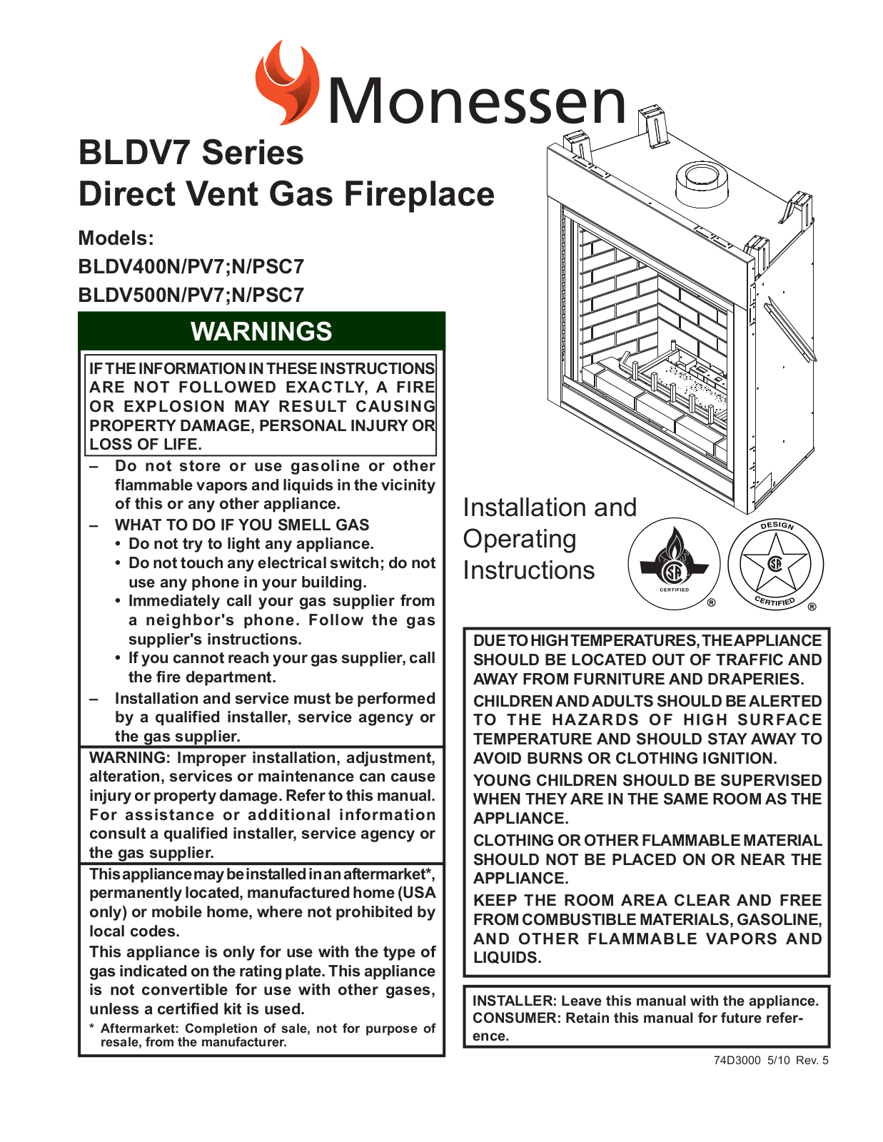 Monessen Hearth BLDV7, BLDV500N, BLDV400N, N-PSC7 User Manual