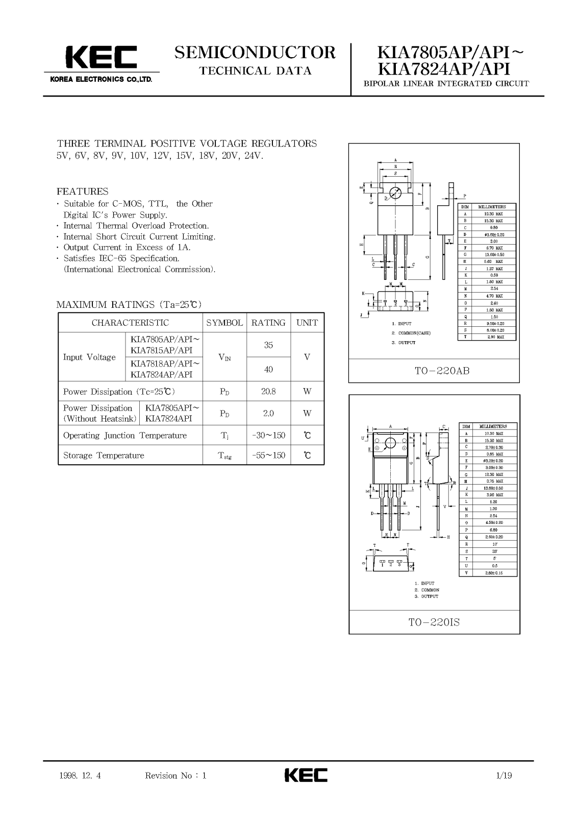 KEC KIA7808AP, KIA7806API, KIA7806AP, KIA7824API, KIA7824AP Datasheet