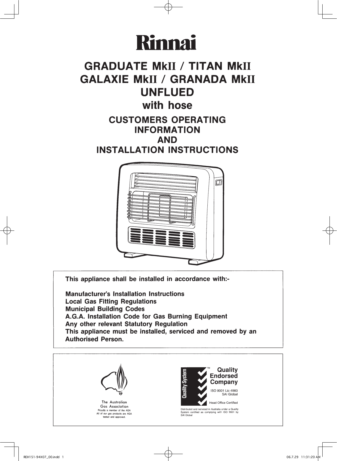 Rinnai 151SL, 151SN Installation and Operating Instructions