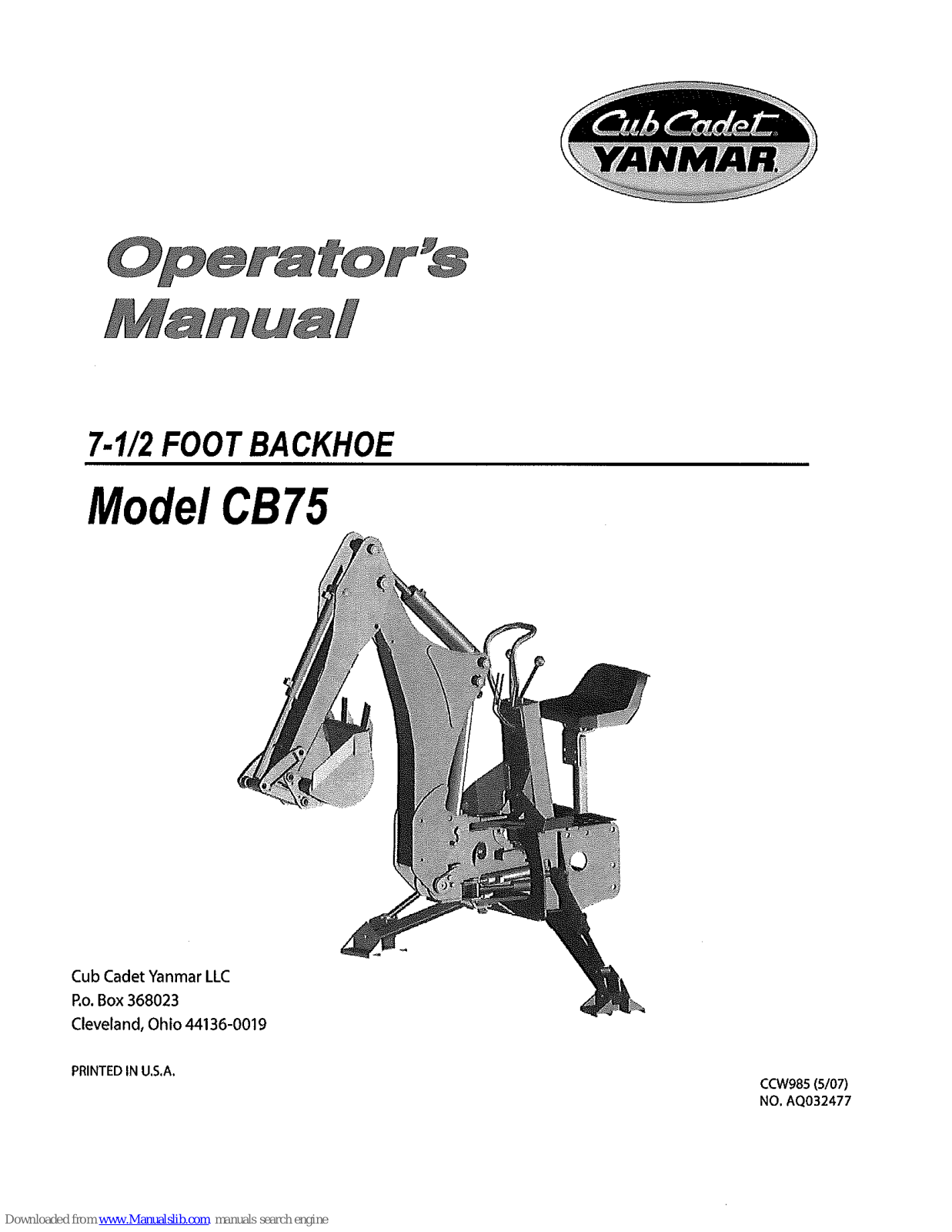 Cub Cadet Yanmar CB75 Operator's Manual