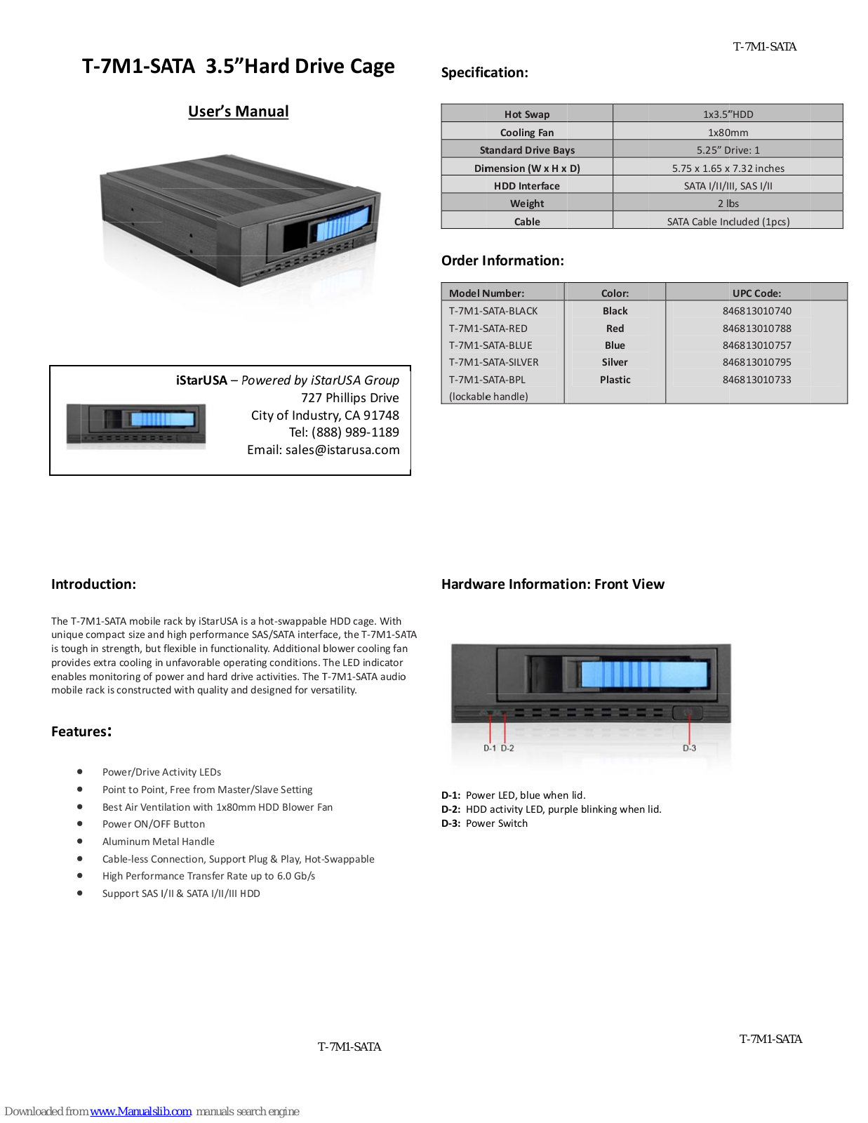 iStarUSA T-7M1-SATA-BLACK, T-7M1-SATA-BLUE, T-7M1-SATA-RED, T-7M1-SATA-SILVER, T-7M1-SATA-BPL User Manual