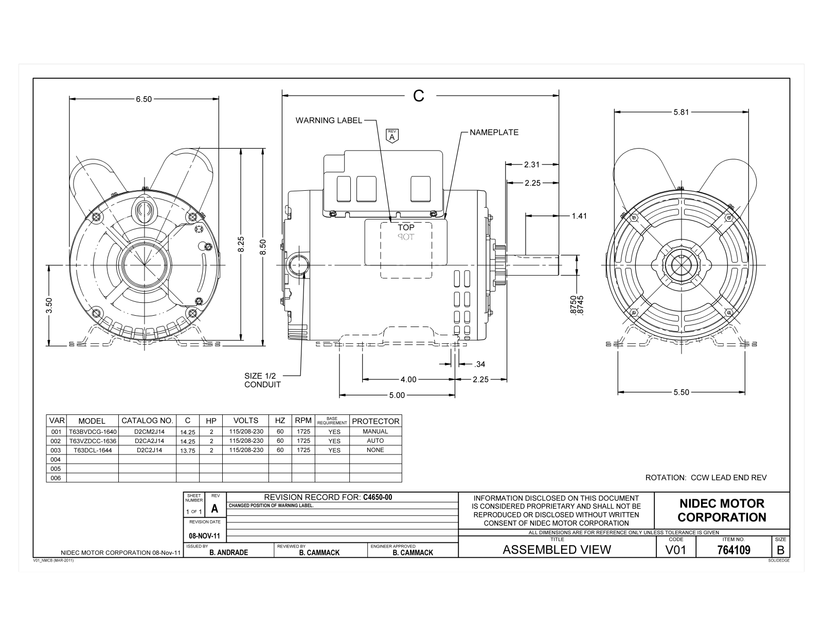 US Motors D2C2J14, D2CM2J14, D2CA2J14 Dimensional Sheet