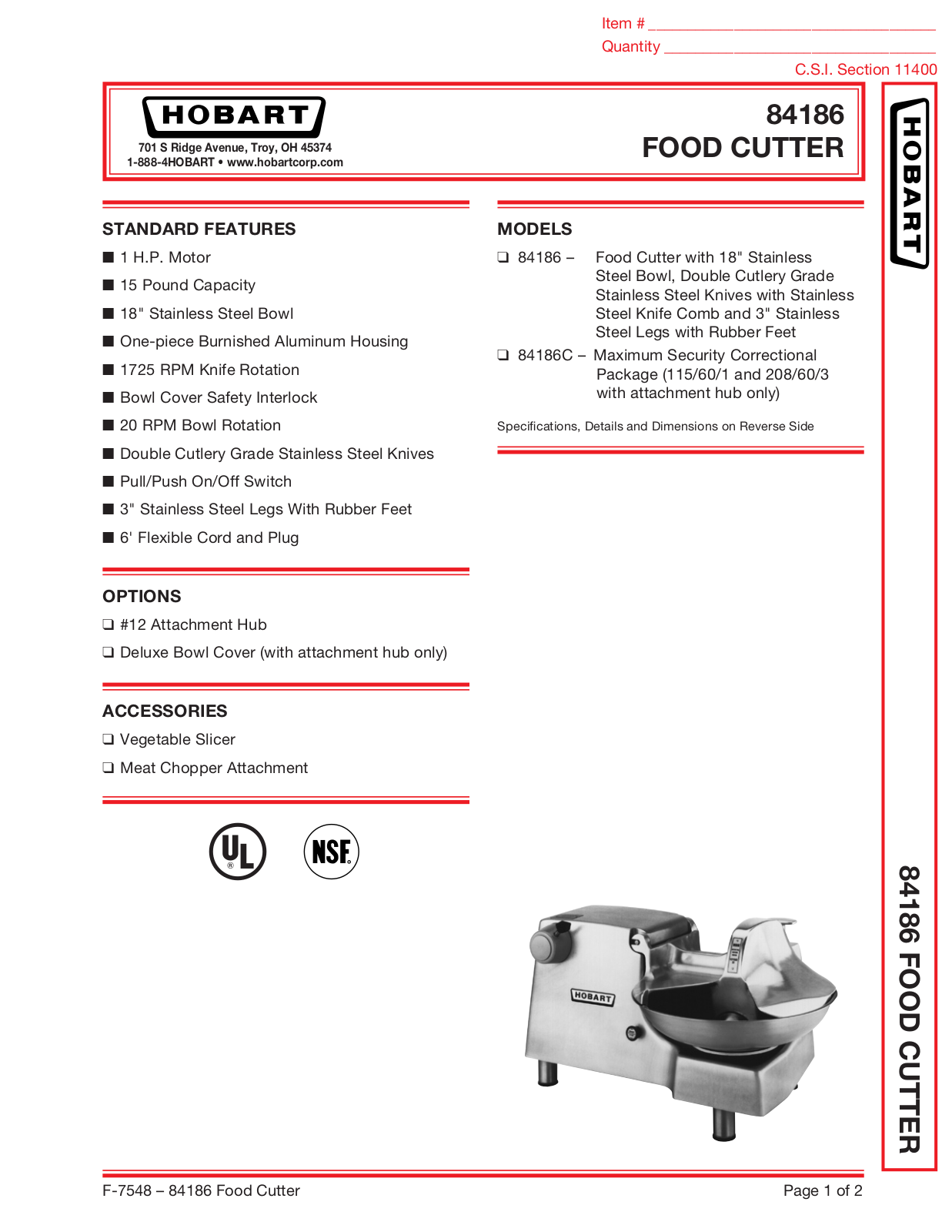 Hobart Food Machines 84186 Specifications