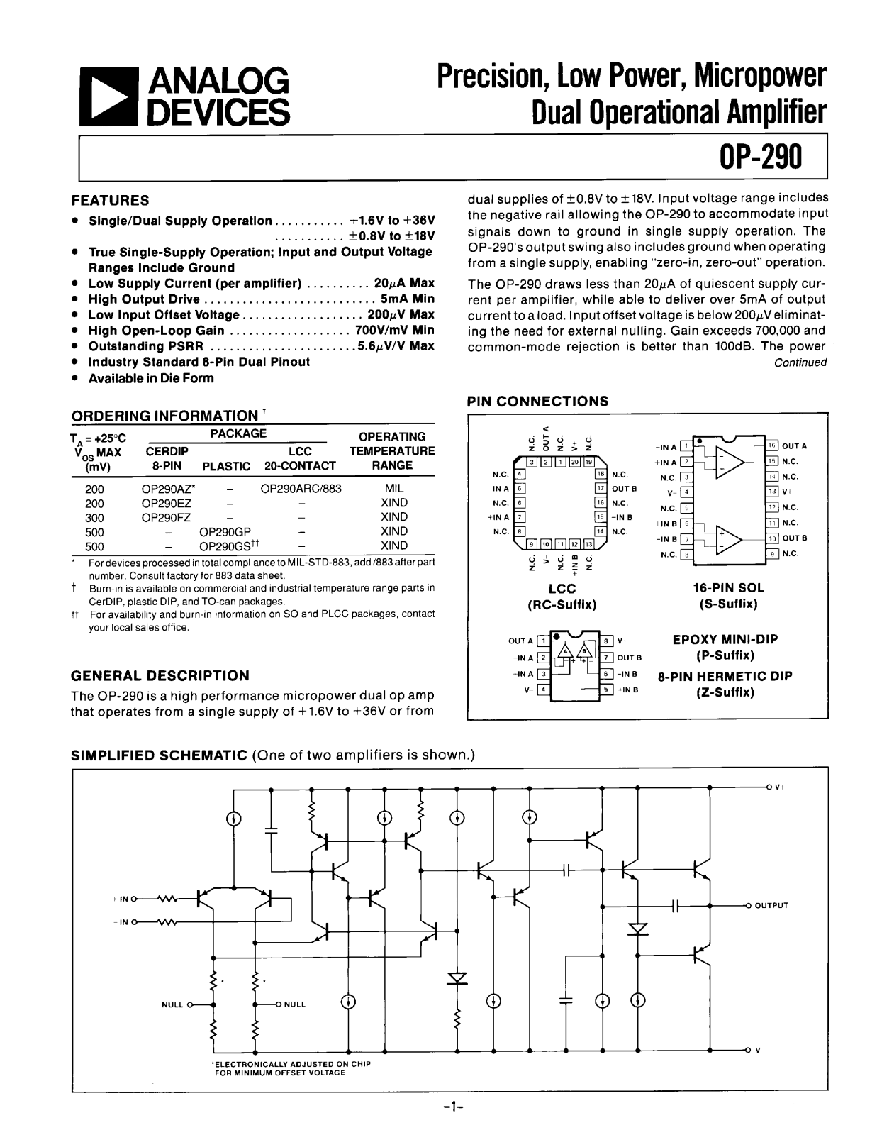 Analog Devices OP290 Datasheet