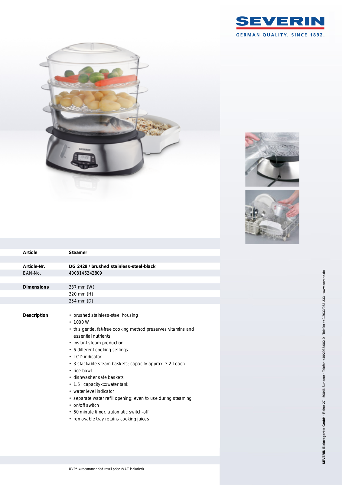 Severin STEAMER, DG 2428 User Manual