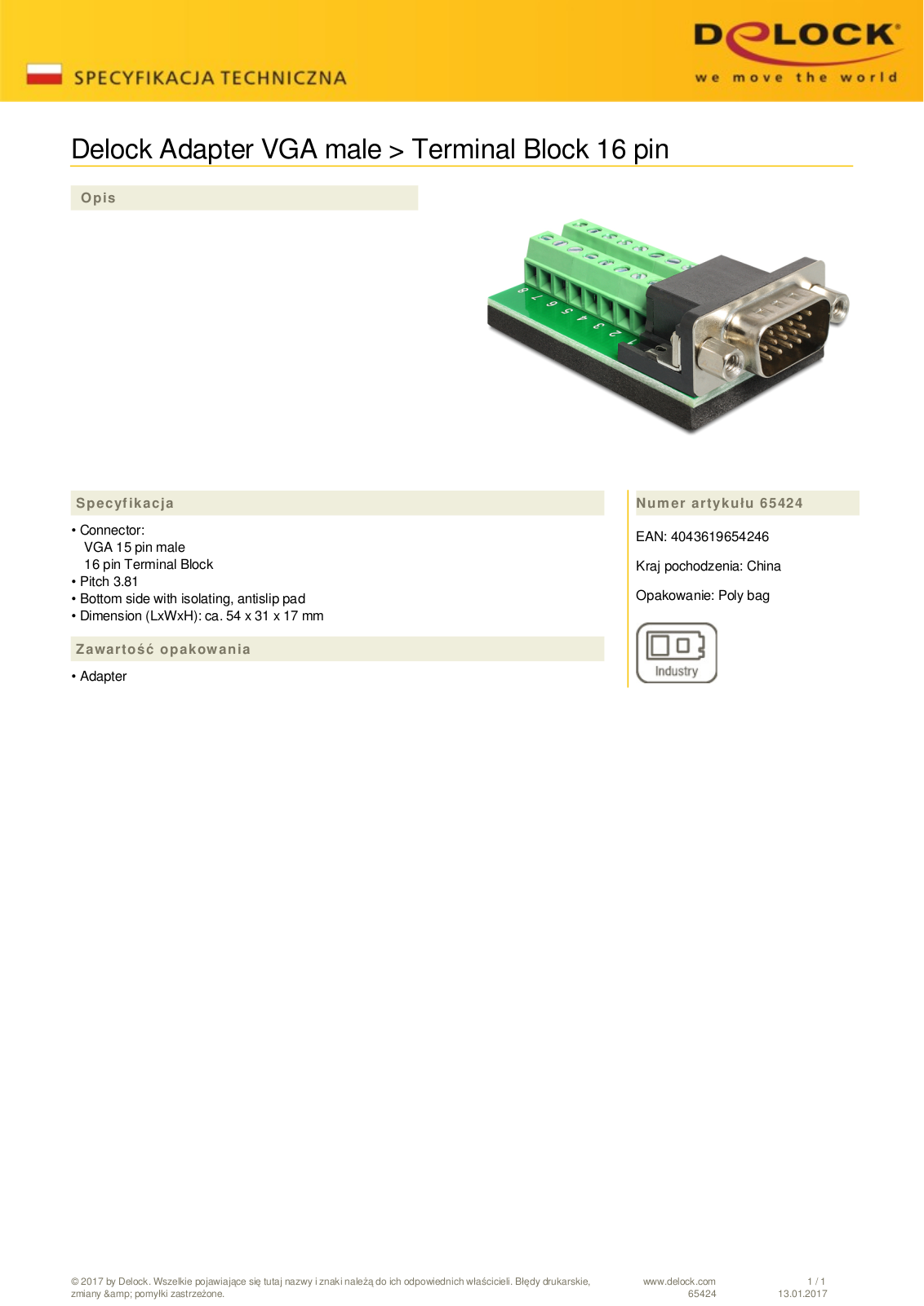 DeLOCK VGA  plug  on 16-Pin-Terminalblock adapter User Manual