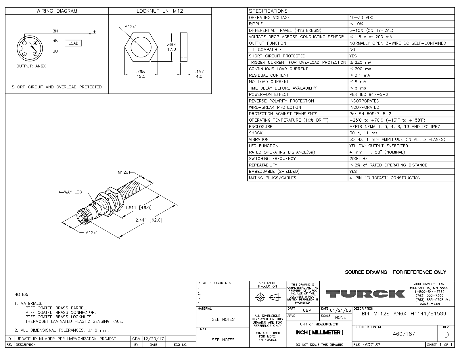 Turck BI4-MT12E-AN6X-H1141S1589 Data Sheet