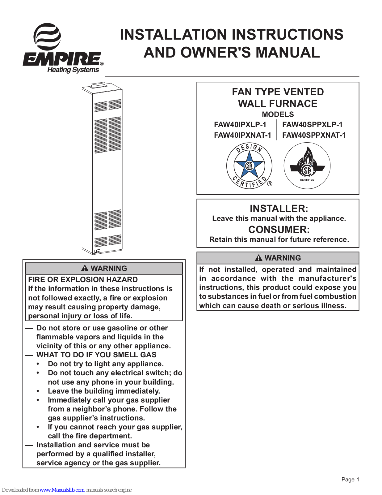 Empire FAW40IPXLP-1, FAW40IPXNAT-1, FAW40SPPXNAT-1, FAW40SPPXLP-1 Installation Instructions And Owner's Manual