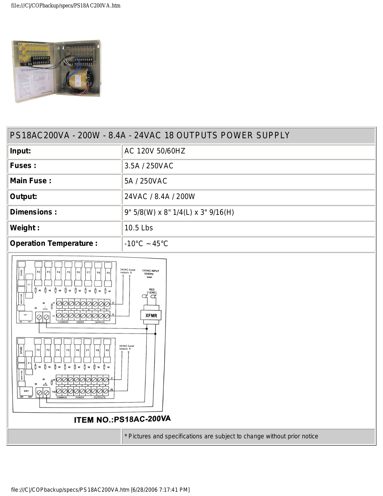 COP-USA PS18AC-200VA Specsheet