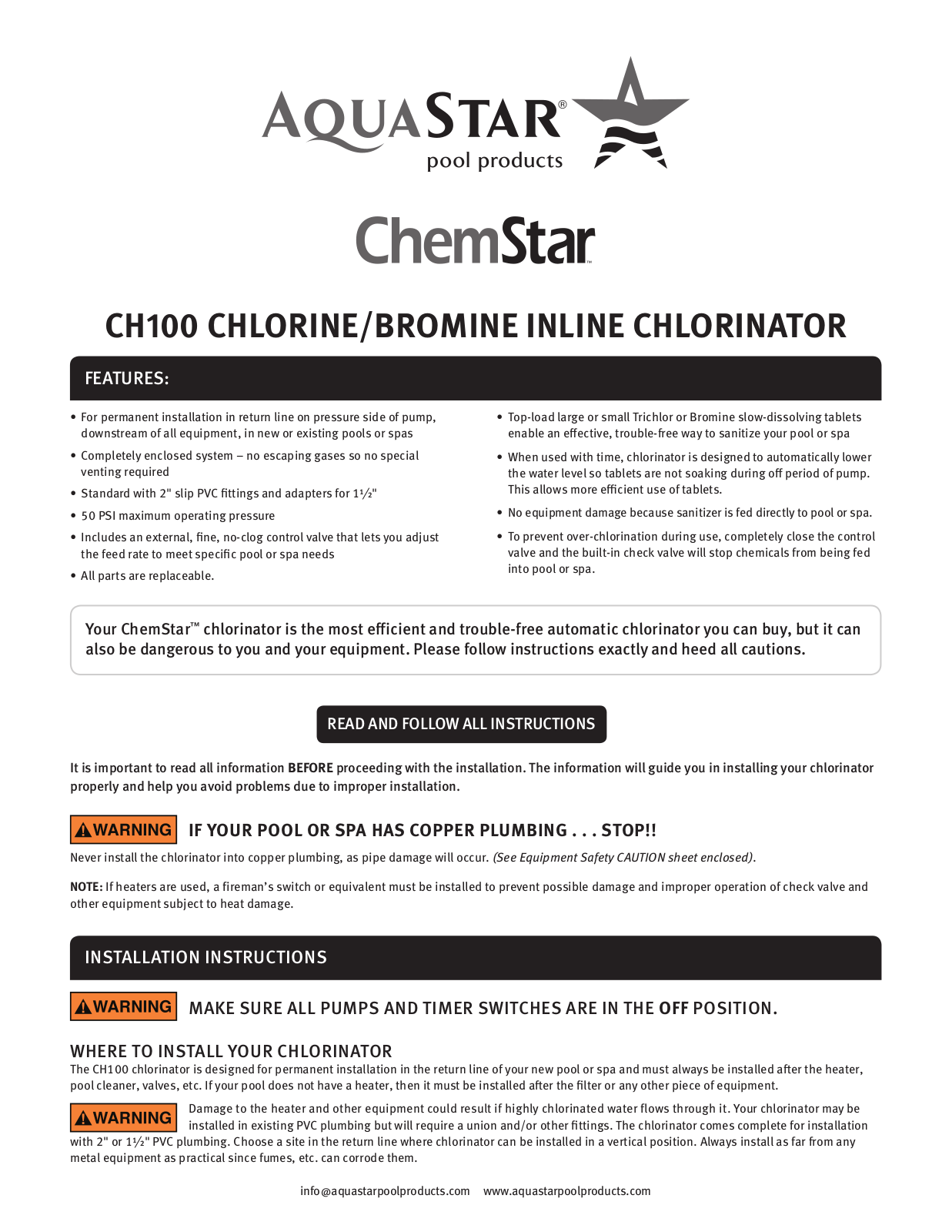 AquaStar ChemStar On-line Chlorinator User Manual