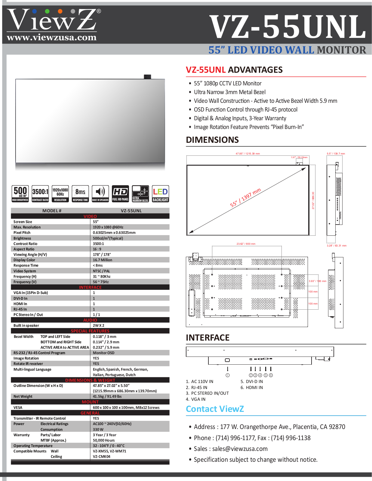 ViewZ VZ-55UNL Specsheet