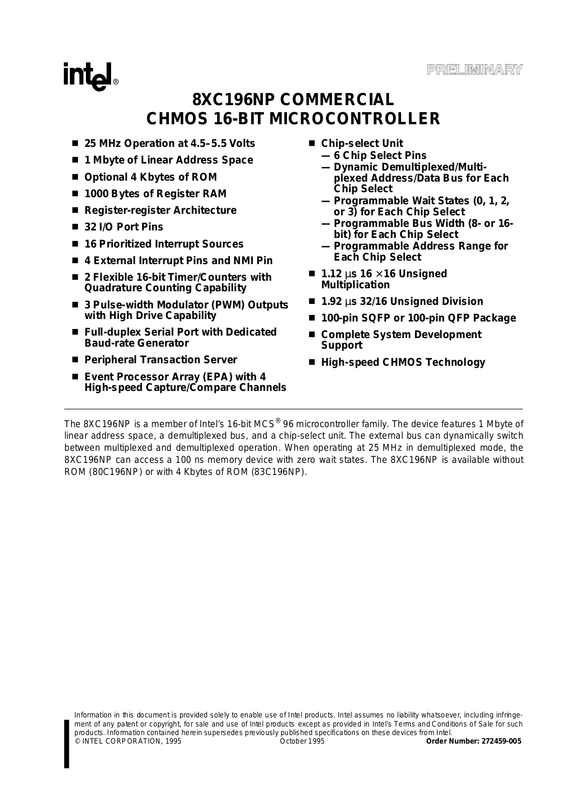 Intel Corporation S80C196NP25, S83C196NP25, SB80C196NP25, SB83C196NP25 Datasheet