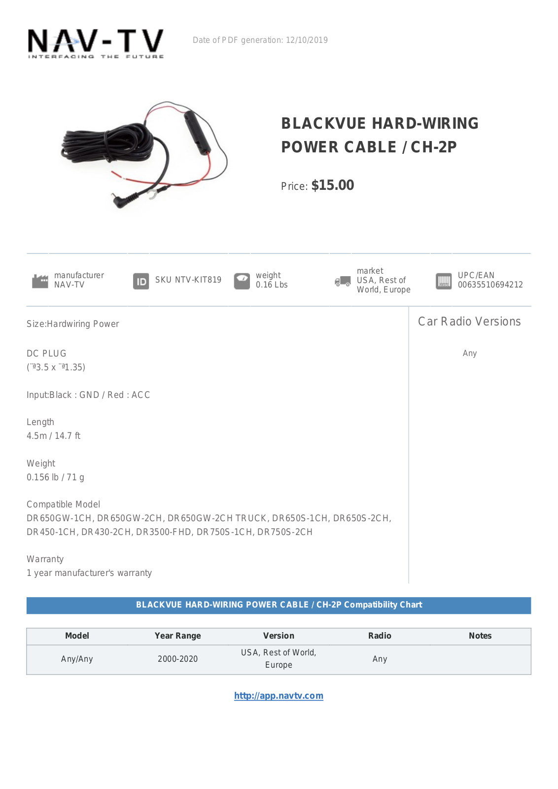 NAV-TV CH-2P Product Sheet