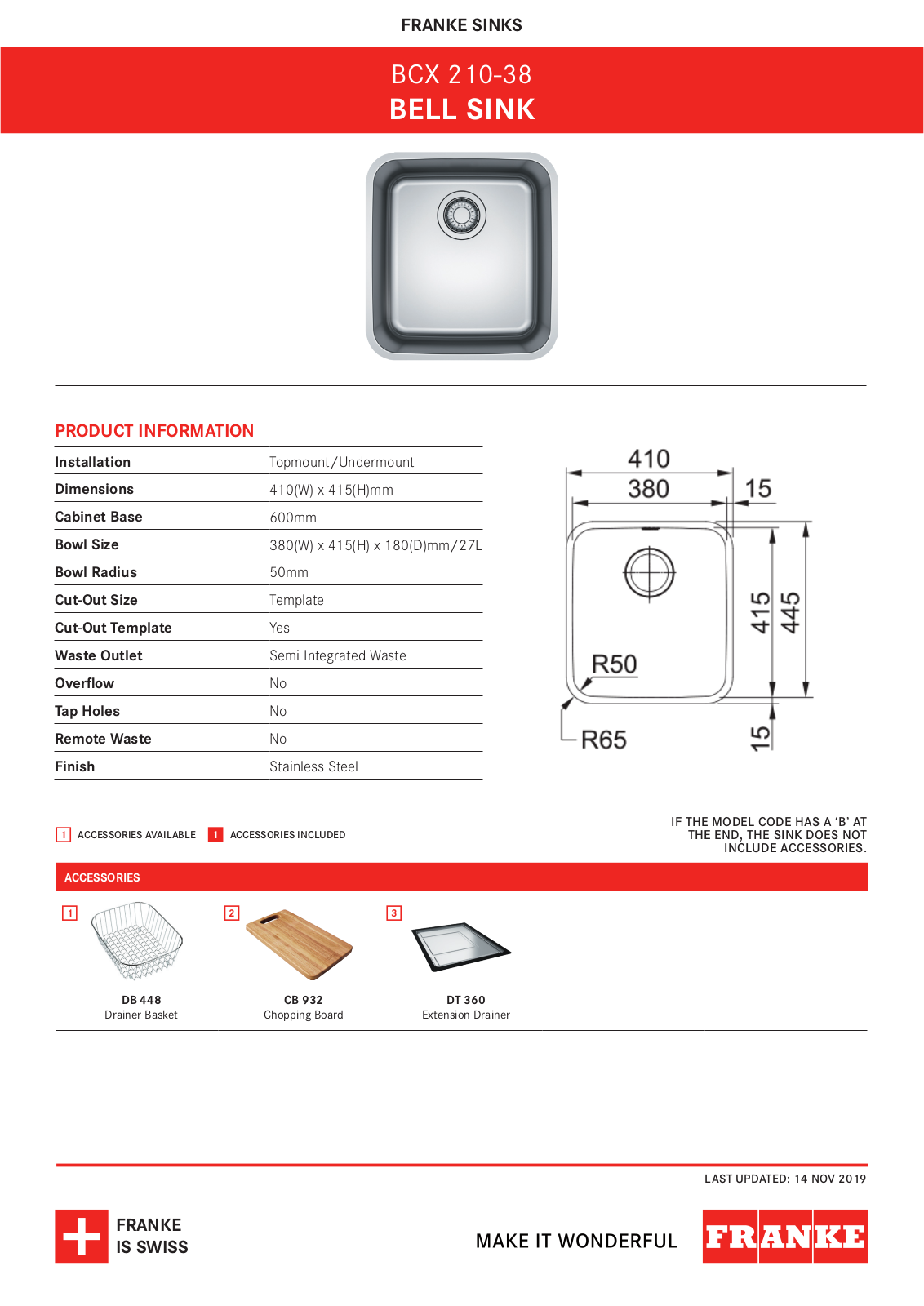 Franke BCX210-38 Specifications Sheet