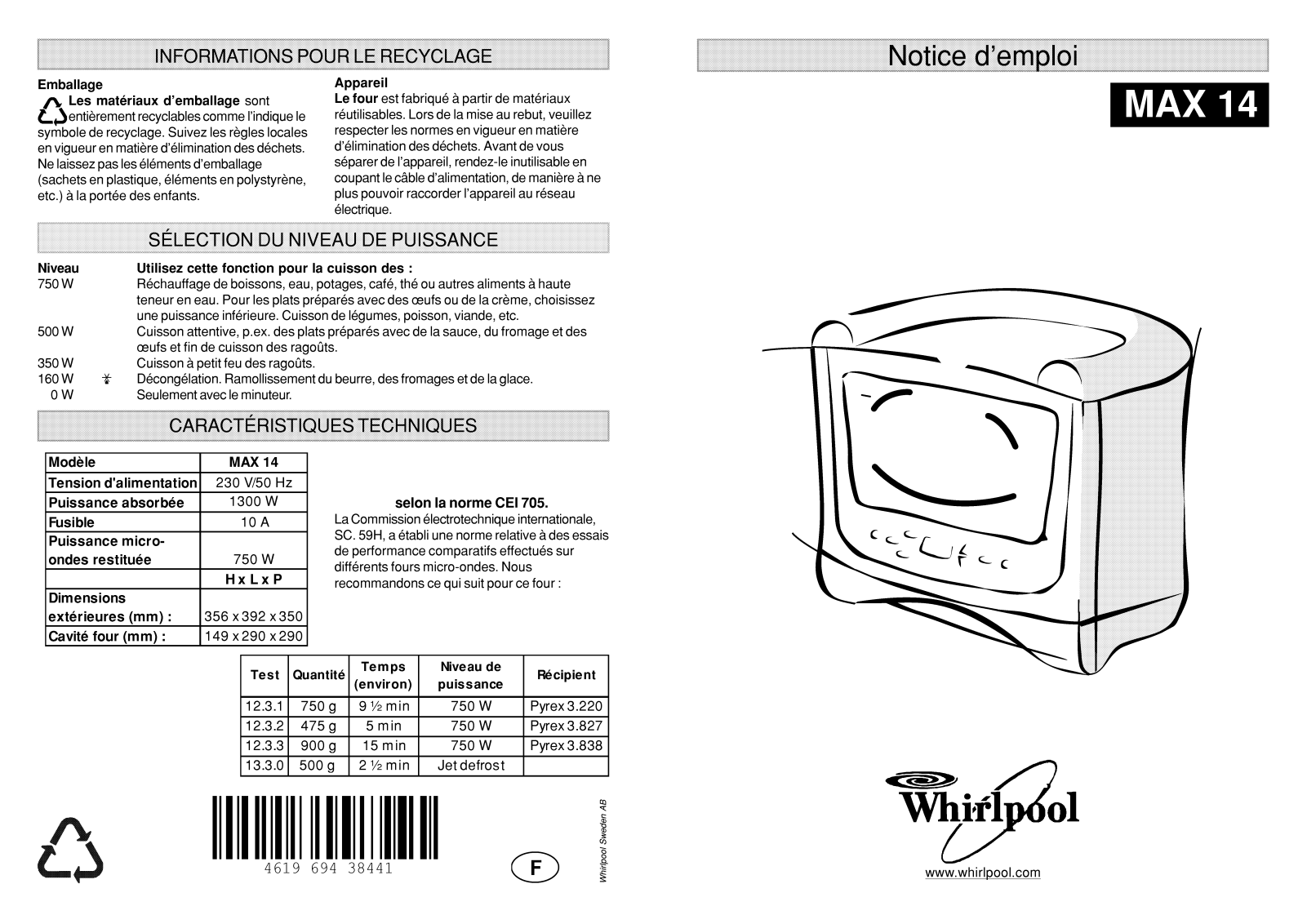 WHIRLPOOL MAX 14 User Manual