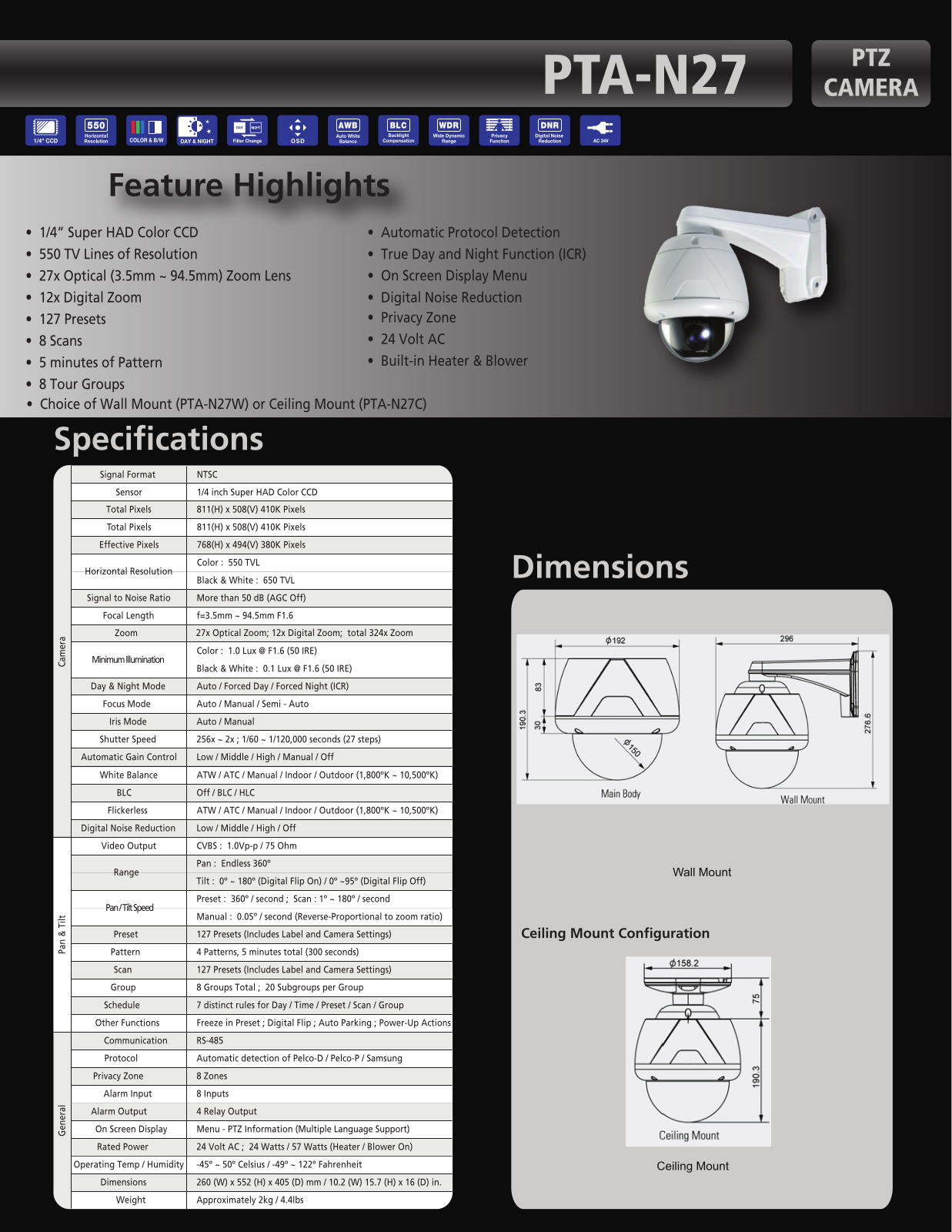 Cantek PTA-N27W Specsheet