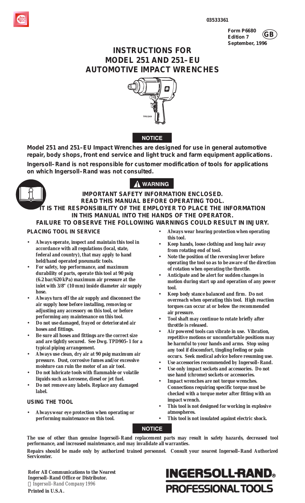 Ingersoll-Rand 251, 251-EU Instructions Manual