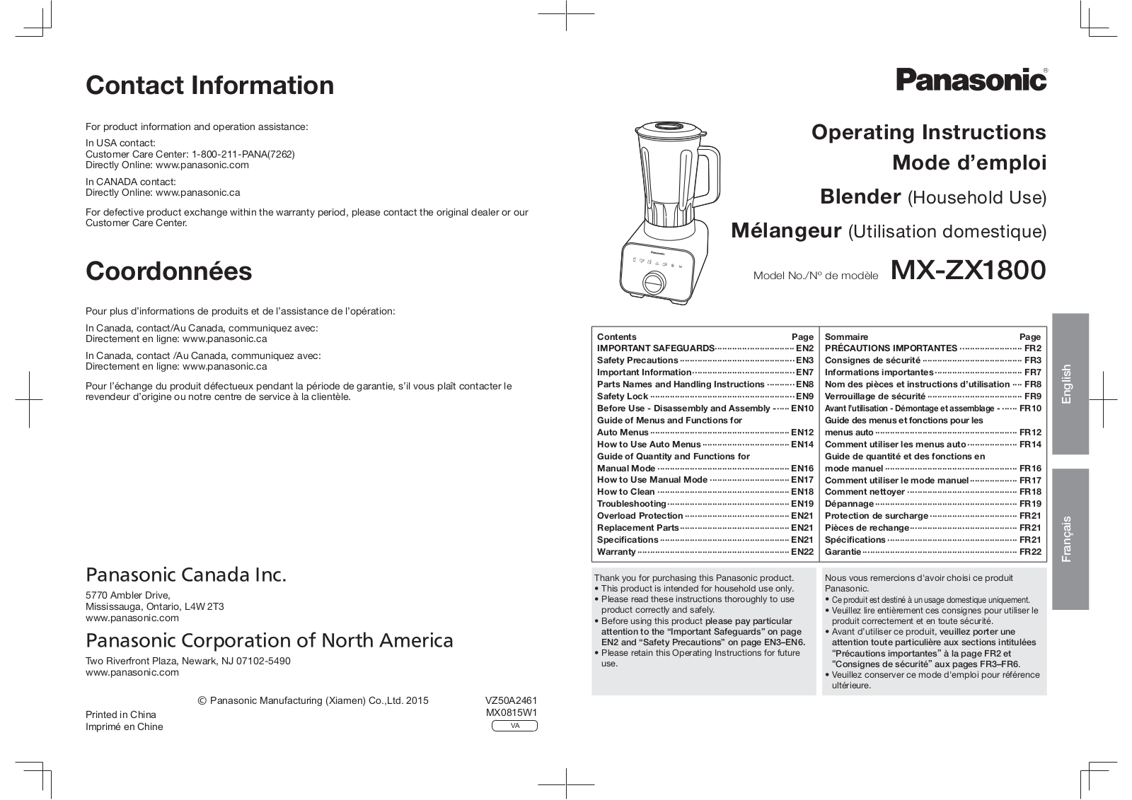 Panasonic MX-ZX1800 Operating Instruction