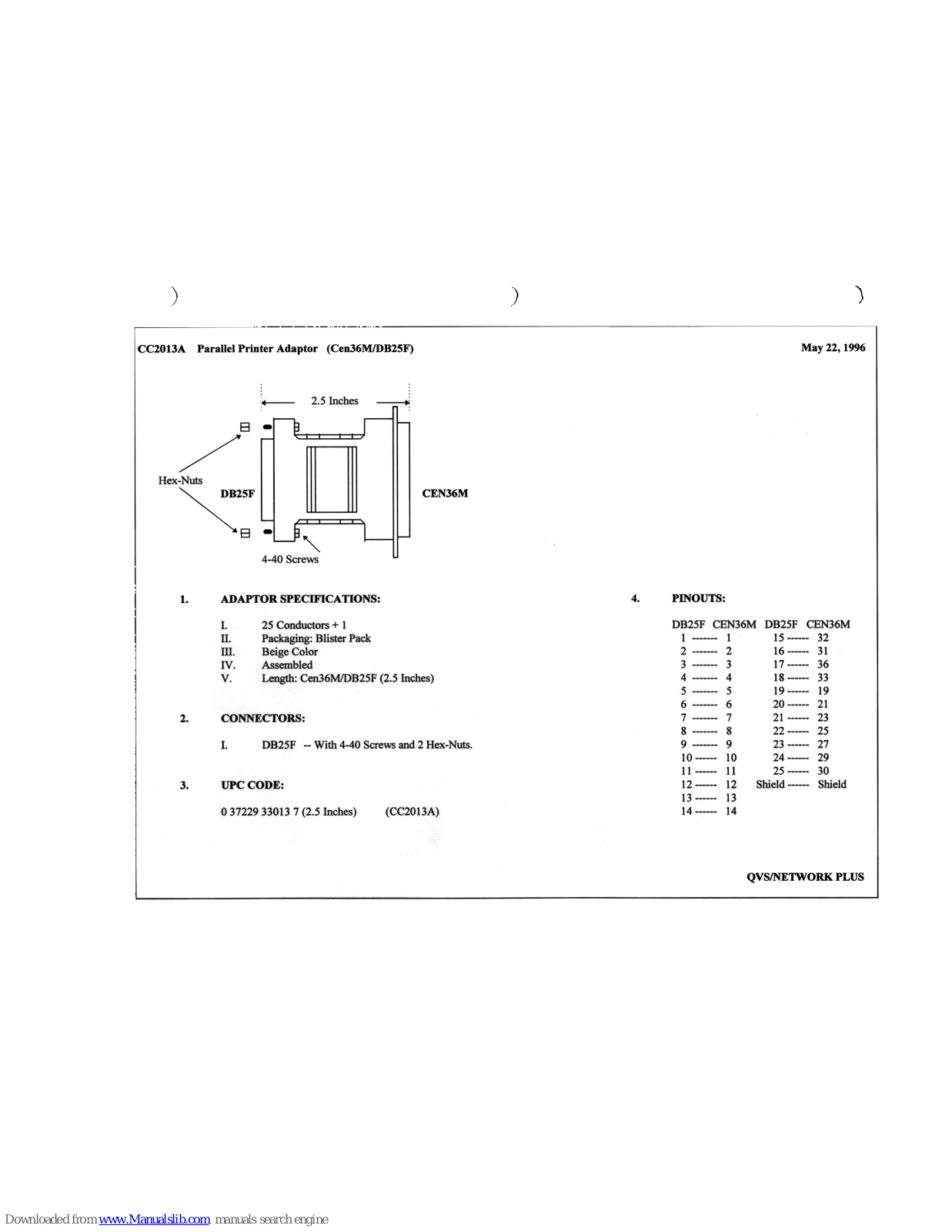 QVS Parallel Printer Adaptor CC2013A, CC2013A Specification Sheet