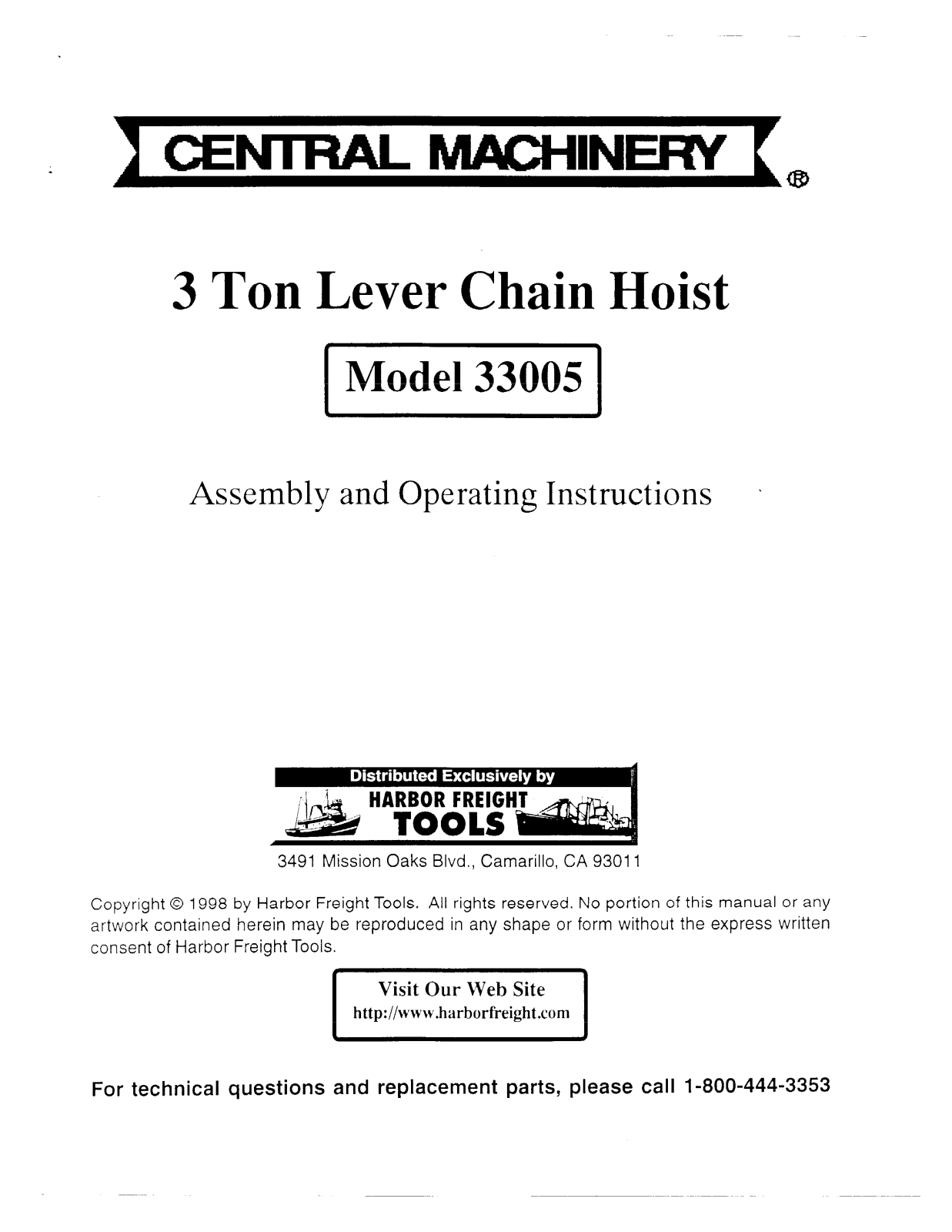 Central Machinery 33005 User Manual
