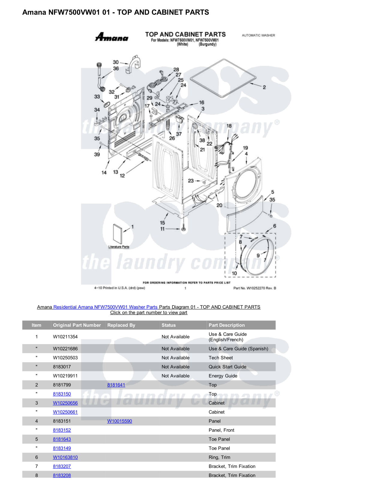 Amana NFW7500VW01 Parts Diagram