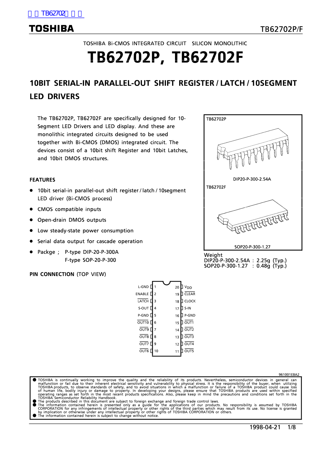 TOSHIBA TB62702P, TB62702F Technical data