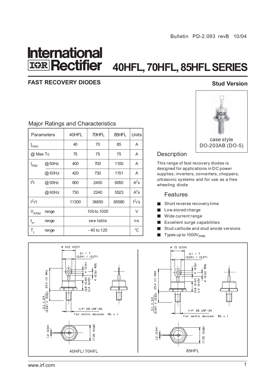 International Rectifier 40HFL SERIES, 70HFL SERIES, 85HFL SERIES Data Sheet