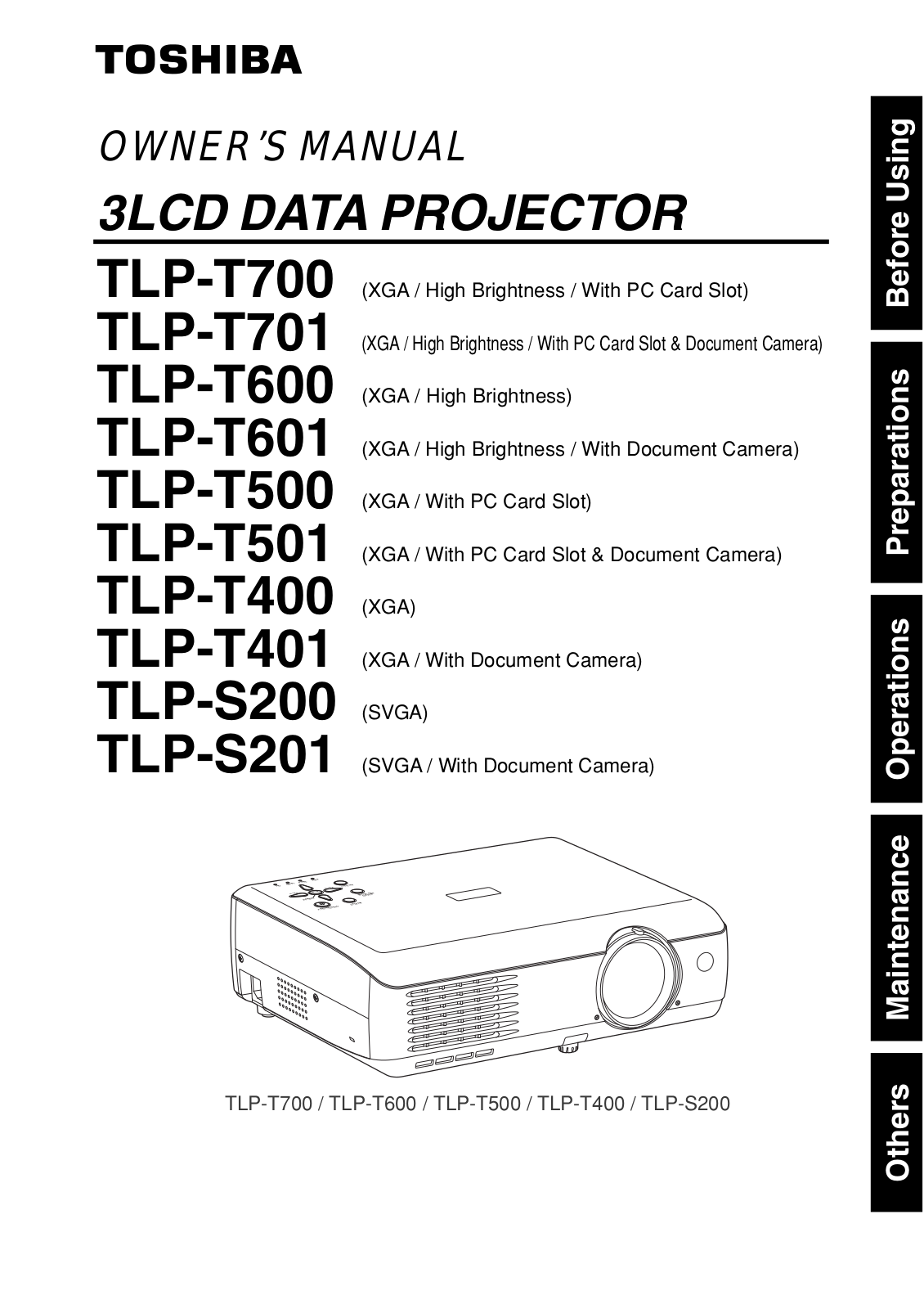 Toshiba TLP-T701, TLP-T501, TLP-T400, TLP-T500, TLP-T401 User Manual