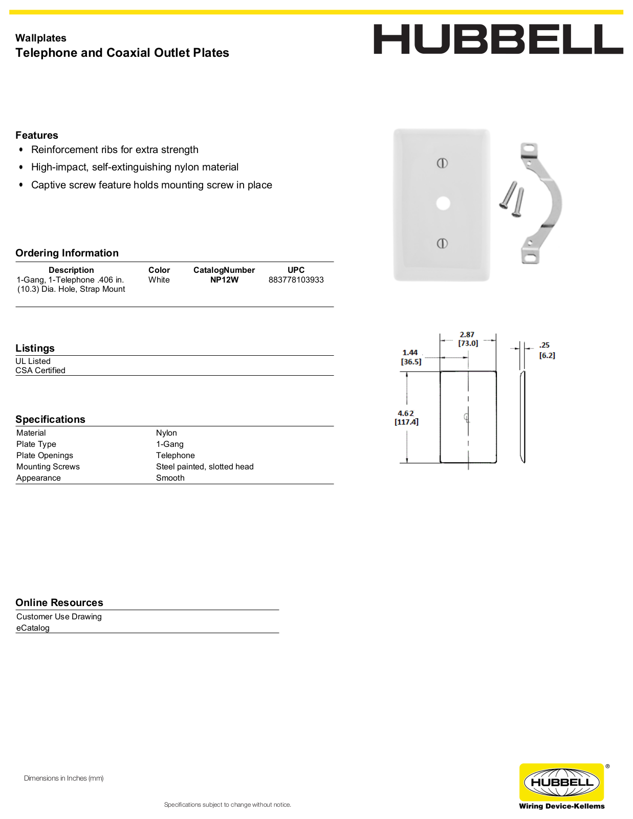 Hubbell NP12W Specifications