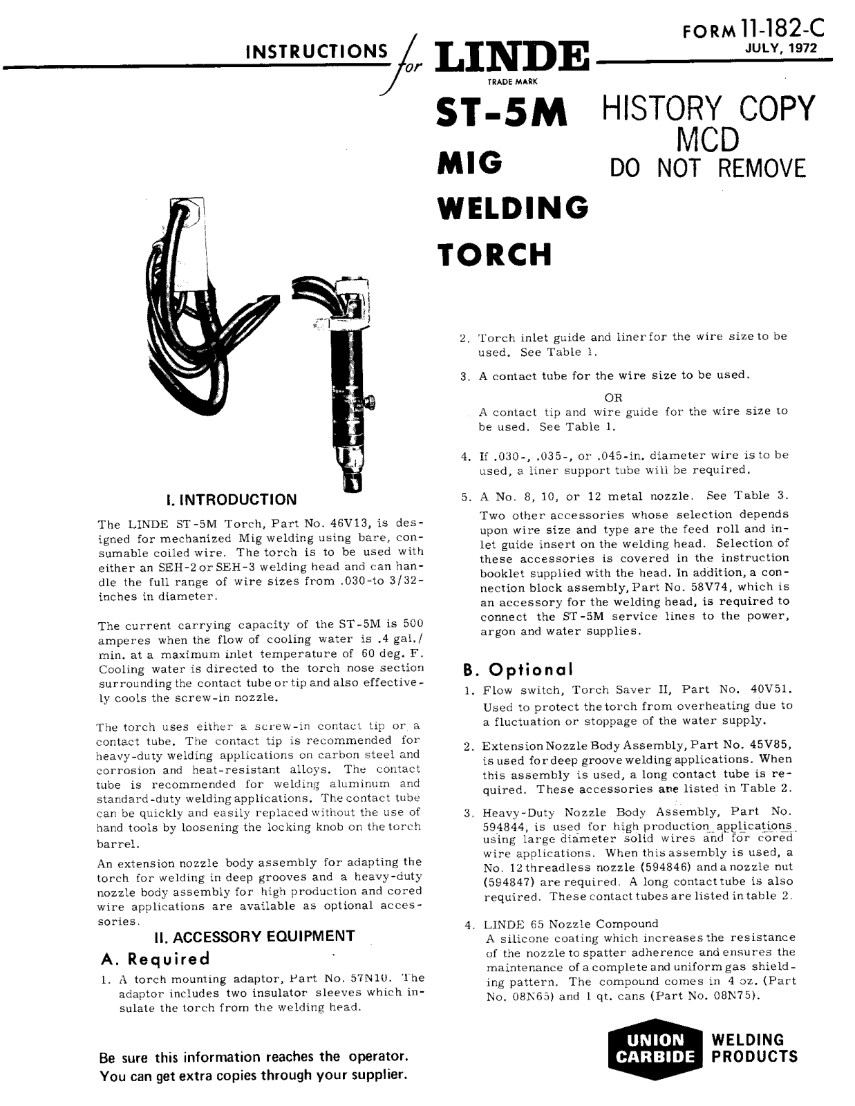 UNION CARBIDE Linde ST-5M Mig Welding Torch Troubleshooting instruction