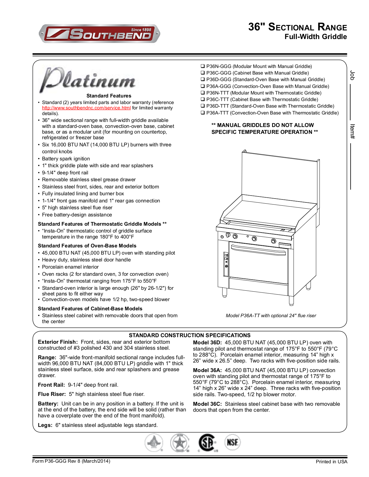 Southbend P36ATTT, P36DGGG, P36CTTT, P36NTTT Product Sheet